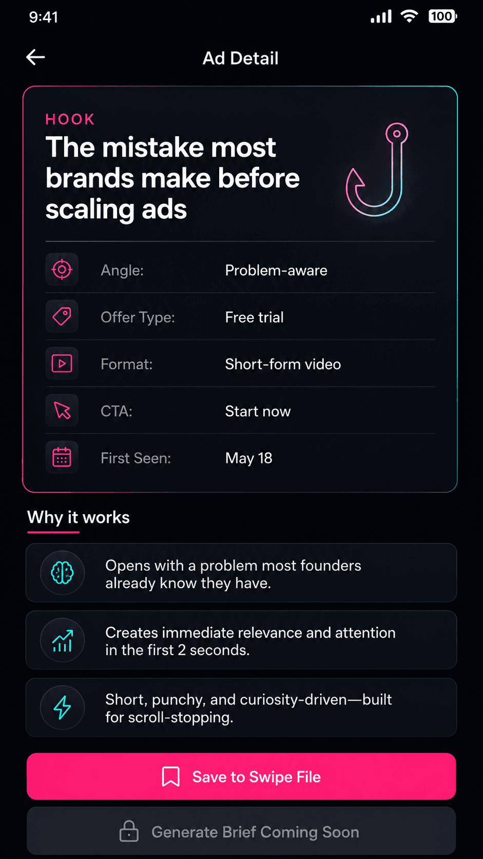 VideoIntelHQ hook analysis workspace for reviewing public competitor video ad hooks